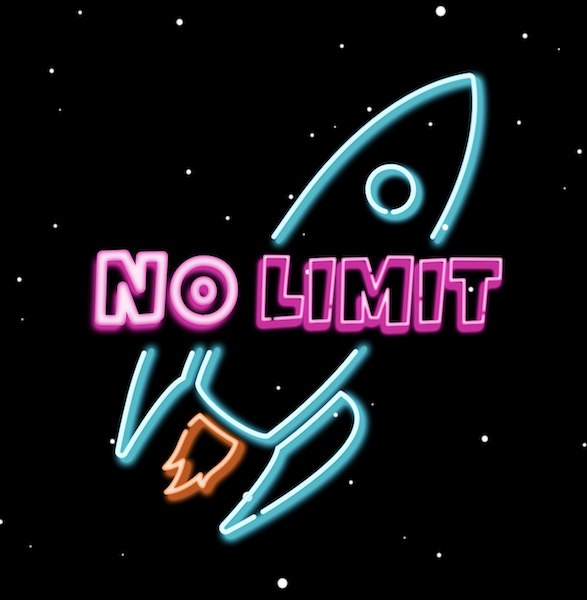 Das NO LIMIT Logo. Eine hellblauer Umriss einer Rakete im Neonreklamestil der 90er Jahre. Darüber ein pinker Schriftzug: NO LIMIT.
